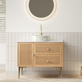MUNIN 36" Bathroom Vanity with Sink, Freestanding Plywood Storage Cabinet with 4 Metal Legs, Door and 2 Drawers, White Ceramic Basin with Stone Pattern, NO Faucet, Pre-assembled, Oak Woodgrain Color