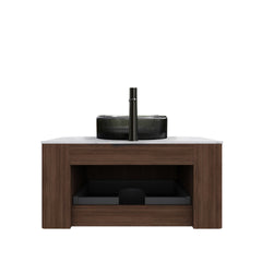 DINA 30" Bathroom Vanity with Sink, Wall-Mounted Curved Edges Striped Storage Cabinet with Drawer, Transparent Black Round Glass Basin and Countertop, Pre-assembled, Dark Walnut Woodgrain Color
