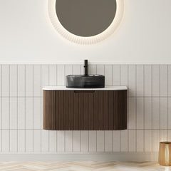 DINA 30" Bathroom Vanity with Sink, Wall-Mounted Curved Edges Striped Storage Cabinet with Drawer, Transparent Black Round Glass Basin and Countertop, Pre-assembled, Dark Walnut Woodgrain Color