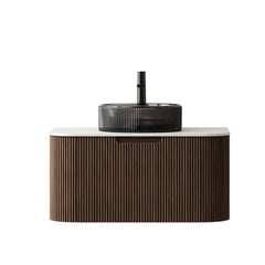 DINA 30" Bathroom Vanity with Sink, Wall-Mounted Curved Edges Striped Storage Cabinet with Drawer, Transparent Black Round Glass Basin and Countertop, Pre-assembled, Dark Walnut Woodgrain Color