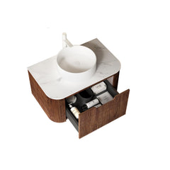 DINA 30" Bathroom Vanity with Sink, Wall-Mounted Floating Curved Edges Striped Bathroom Storage Cabinet with Drawer, White Ceramic Basin without Faucet, Pre-assembled, Dark Walnut Woodgrain Color
