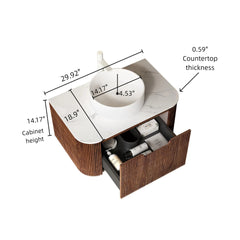 DINA 30" Bathroom Vanity with Sink, Wall-Mounted Floating Curved Edges Striped Bathroom Storage Cabinet with Drawer, White Ceramic Basin without Faucet, Pre-assembled, Dark Walnut Woodgrain Color