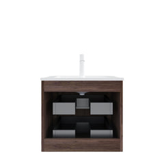 NOOR 24" Bathroom Vanity with Sink, Wall-Mounted Floating Plywood Bathroom Storage Cabinet with 2 Drawers, White Ceramic Basin, NO Faucet, Pre-assembled, Retro Walnut Woodgrain Color