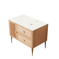 MUNIN 36" Freestanding Bathroom Light Oak Woodgrain Plywood Cabinet with Carrara White Sintered Stone Counter Top, Two Drawers and One Door, NO Basin, NO Faucet and Sink Cover