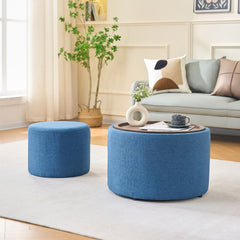 Ball & Cast Nesting Storage Ottomans of 2, Linen Upholstered Footstool w/Wood Tray, 22.75" Round Coffee Table & Bench, Blue