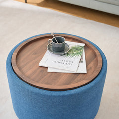 Ball & Cast Nesting Storage Ottomans of 2, Linen Upholstered Footstool w/Wood Tray, 22.75" Round Coffee Table & Bench, Blue