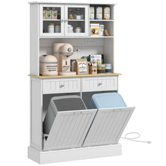 HOMCOM 68" Kitchen Pantry Storage Cabinet with Charging Station, 2 Tilt Out Trash Cabinets and Microwave Stand, Freestanding Kitchen Hutch with Glass Doors and Adjustable Shelf, White