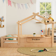 Full Size Floor Bed with Guardrails and Roof, Kids House Floor Bed with a Small Built-in Tray and Free-installed Signboard, Childlike Design, Natural