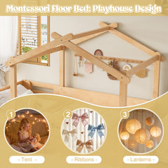 Full Size Floor Bed with Guardrails and Roof, Kids House Floor Bed with a Small Built-in Tray and Free-installed Signboard, Childlike Design, Natural