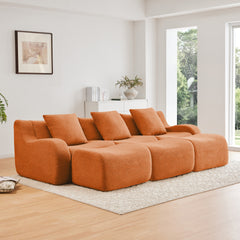 Three-Seat Boneless Sofa High-Quality Teddy Fabric,No assembly required Curved armrest Anti-slip Design Ergonomic design, Assembly Chaise 32D High Density Sponge living rooms media rooms,Orange
