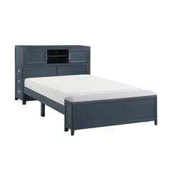 Navy Blue Finish Full Platform Bed with Bookcase Headboard Drawers Hidden Desk Stool Footboard Storage Bench Bedroom Furniture 1pc
