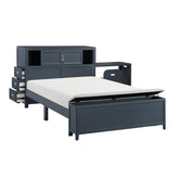 Navy Blue Finish Full Platform Bed with Bookcase Headboard Drawers Hidden Desk Stool Footboard Storage Bench Bedroom Furniture 1pc
