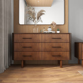Logan Mid Century Modern Walnut Dresser with 6 Drawers for Ample Storage in Solid Wood 33.1 inchH x 55.9 inchW x 17.7 inchD
