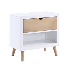 White and Natural Finish Drawer and Open Shelf Nightstand Bedroom Furniture 1pc