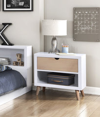 White and Natural Finish Drawer and Open Shelf Nightstand Bedroom Furniture 1pc