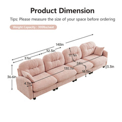 Four-Seater Modular Sectional Couch,Premium Chenille Fabric,With 2 Throw Pillows,Tufted Cushion Backrest Design,High-Density Foam Easy Install,Fits Bedrooms,Living Rooms,Reading Nooks,Pink