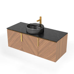 48" ARAI Black Sintered Stone with Stone Pattern Countertop and Brown Oak Cabinet, NO Basin, NO Faucet and Sink Cover