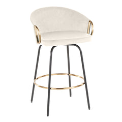 Claire 26" Contemporary/Glam Fixed Height Counter Stool with Swivel in Black Metal and Cream Velvet with Gold Metal Accents by LumiSource - Set of 2