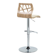 Folia Mid-Century Modern Adjustable Barstool with Swivel in Chrome Metal, Zebra Wood and Cream Faux Leather with Rounded T Footrest by LumiSource - Set of 2