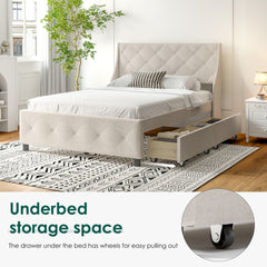 Queen Size Bed Frame with Storage Headboard, Metal Platform Bed No Noise, Mattress Foundation Strong Metal Slats Support No Box Spring Needed