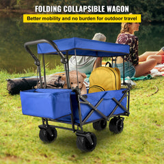 Extra Large Collapsible Garden Cart with Removable Canopy, Folding Wagon Utility Carts with Wheels and Rear Storage, Wagon Cart for Garden, Camping, Grocery Cart, Shopping Cart, Blue