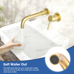 Wall Mount Faucet for Bathroom Sink or Bathtub, Single Handle 2 Holes Brass Rough-in Valve Included, Brushed Gold