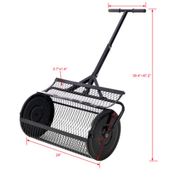 Peat Moss Spreader 24inch,Compost Spreader Metal Mesh,T shaped Handle for planting seeding,Lawn and Garden Care Manure Spreaders Roller ,black