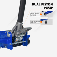 3T Heavy Duty Horizontal Double Pump Floor Jack (with foot pedal),and Steel Racing Floor Jack with Dual Piston Quick Lift Pump,3 Ton (6,600 lb) Capacity,Blue&Silver