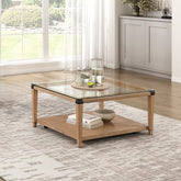 Modern Sleek Design Brown Finish Cocktail Table Clear Tempered Glass Tabletop Wooden Furniture 1pc Coffee Table Living Room