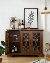 48.66" x 15.55" x 34.06" Spacious size sideboard 3 clear tempered glass doors buffet with adjustable shelf, MDF with dark OAK decorative laminates storage cabinet for dinning room, kitchen,living room