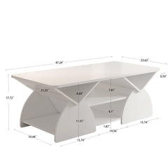 Engineered wood rounded corner rectangular coffee table for living room, easy assembly storage table with open shelves sturdy frame for Reception Room, Modern Coffee Table Geometric Design white