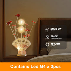 Aluminum 4 Red Roses 6 Petal Floral 2 Red/Silver Flower Bud on A Fan Aluminum Vase Table Lamp for Living Room, Nightstand Bedside Table Lamp for Bedroom, LED Lamp