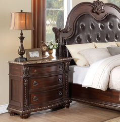 Dark Cherry Finish with Gold Tipping European Design 1pc Nightstand with Genuine Marble Top Traditional Bedroom Furniture 3-Drawers