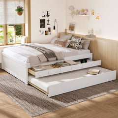 Full Platform Bed with Trundle and 2 drawers,SolidWood Beds with Power strip,White