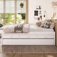 Full Platform Bed with Trundle and 2 drawers,SolidWood Beds with Power strip,White