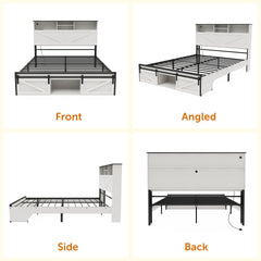 Farmhouse Queen Size Bed Frame with Storage Headboard,Charging Station & LED Lights,White
