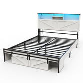 Farmhouse Queen Size Bed Frame with Storage Headboard,Charging Station & LED Lights,White