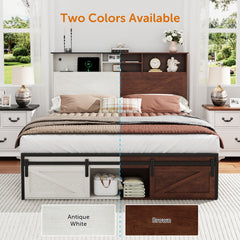 Farmhouse Queen Size Bed Frame with Storage Headboard,Charging Station & LED Lights,White