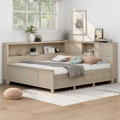 Full Size Wood Daybed with Storage Shelves and 3 Drawers, Antique White Milk