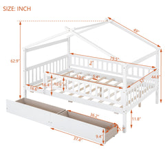 Full Size Wooden House Bed with Two Drawers, White