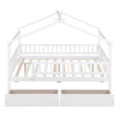 Full Size Wooden House Bed with Two Drawers, White