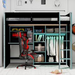 Full Size Wood Loft Bed with Desk,Open Wardrobe,Storage Compartments and RGB Lights,Cloud Blue