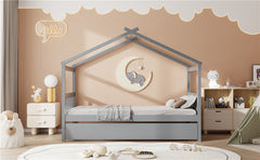 Twin Size Wooden House Bed with Twin Size Trundle, Gray