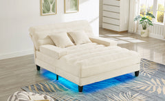 Modern Chaise Lounge Sofa 57.1" Sofa Bed Chenille Upholstered Lounge Sofa Chair with Adjustable Backrest and LED Light Strip for Living Room, Beige
