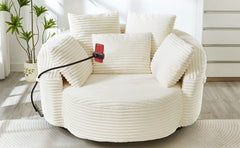 360° Swivel Chair Accent Barrel Chair Corduroy Round Sofa Chair with 5 Throw Pillows and an Adjustable Phone Holder for Living Room, Bedroom, Office and Hotel, Beige