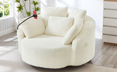 360° Swivel Chair Accent Barrel Chair Corduroy Round Sofa Chair with 5 Throw Pillows and an Adjustable Phone Holder for Living Room, Bedroom, Office and Hotel, Beige