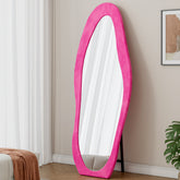 Full Length Mirror, 63" x 24" Floor Mirror/ Wall Mirror, Flannel Wrapped Wooden Frame Floor Mirror, Irregular Wavy Mirror Standing/Halling Large Wall Mirror for Bedroom,Living Room, Dressing Room Pink