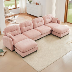 Modular Sectional U Shaped Couch With Ottoman,Soft Chenille Fabric Tufted Cushion Backrest Design,High-Density Foam Ergonomic design,Elegant Armrests,Easy Install Fits Bedrooms Living Rooms,Pink