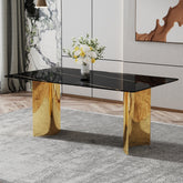 Modern minimalist dining table. The black patterned glass desktop is equipped with golden metal legs. Suitable for restaurants and living rooms 71" *39.3" *29.5" DT-69.W1151S00381