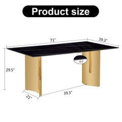 Modern minimalist dining table. The black patterned glass desktop is equipped with golden metal legs. Suitable for restaurants and living rooms 71" *39.3" *29.5" DT-69.W1151S00381